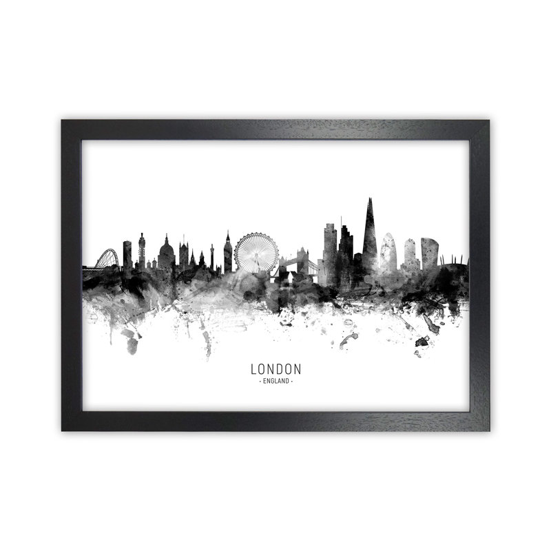 London England Skyline Black White City Name by Michael Tompsett - Print, 46cm H x 63cm W x 3cm D, Black Framed