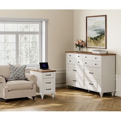 WAMPAT 2 Piece Bedroom Set - Includes Mid Century 8 Drawer Dresser, Side Table With Charging Station & Storage Cabinet, 2 Piece Dresser And Nightstand Sets, White