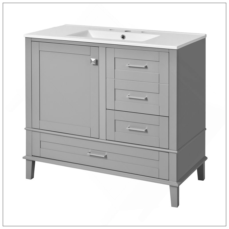 Meuble-lavabo moderne 36 po avec cadre en pin massif, 1 porte à fermeture douce et 3 tiroirs, armoire de rangement moderne