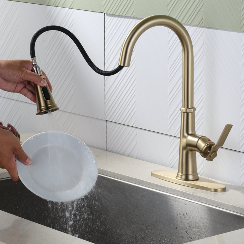 Brushed Gold Stainless Steel Single Handle Pull Down Kitchen Faucet