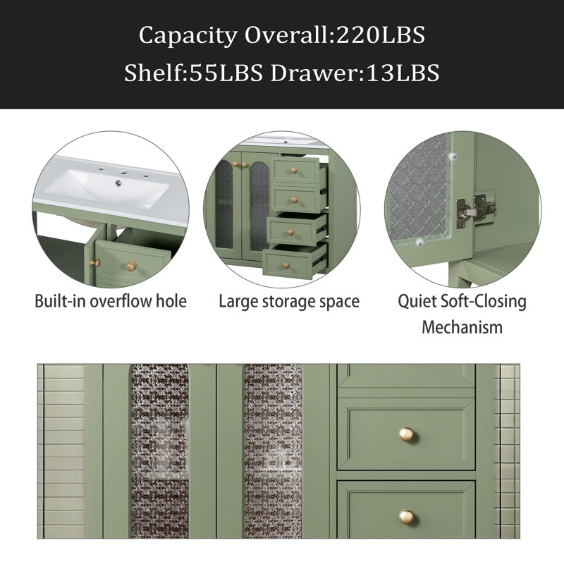 Meuble-lavabo de 36 pouces avec deux portes à fermeture douce, des tablettes réglables et trois tiroirs, Vert