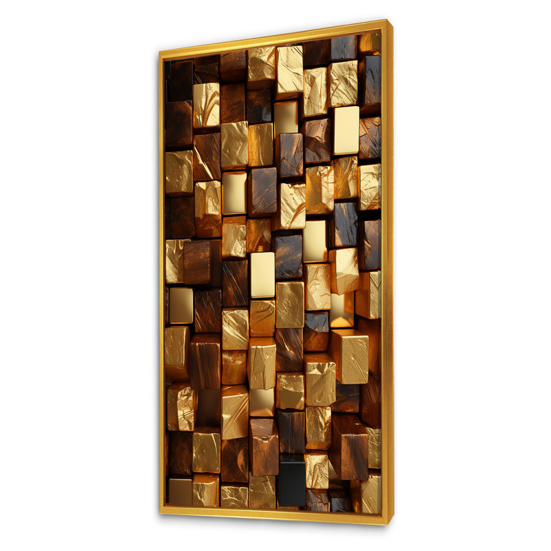 Or abstrait cubes III - art mural géométrique, Cadre flottant doré, H 60 po x l 28 po x P 1,5 po