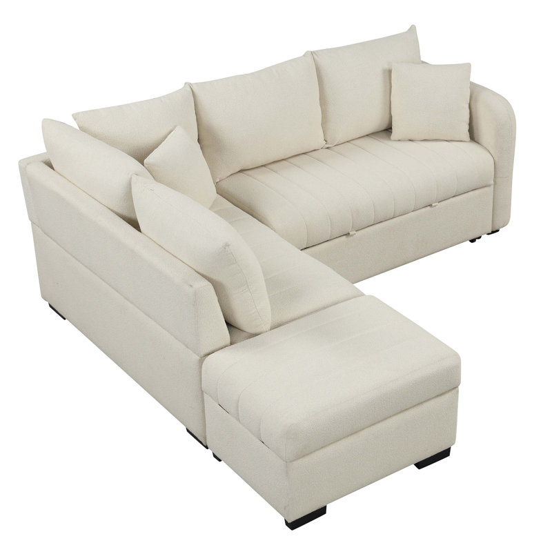 82.6" L-shaped Sectional Pull Out Sofa Bed Sleeper Sofa with Two USB Ports, Two Power Sockets and a Movable Storage Ottoman, Beige