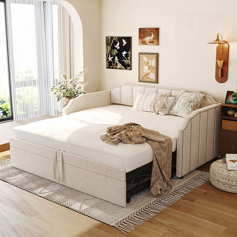 Upholstered Daybed with Pop-Up Trundle USB Charging Ports, Perfect for Modern and Space-Efficient Living, Beige
