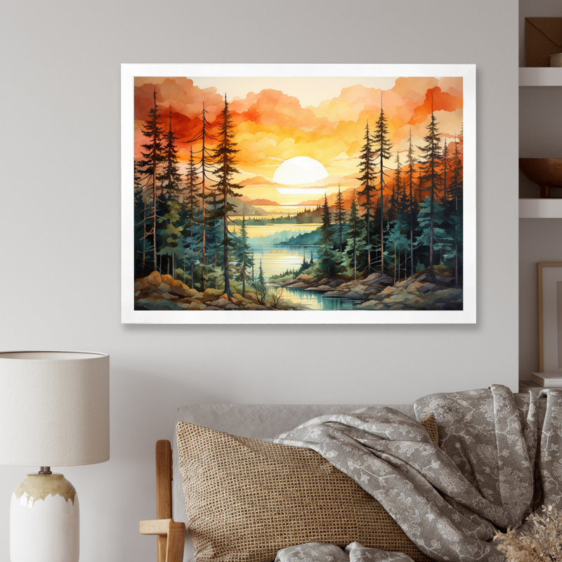 Pin, coucher de soleil brillant II - Pin, art mural, H 16 po x l 32 po x P 1 po, Cadre simple blanc