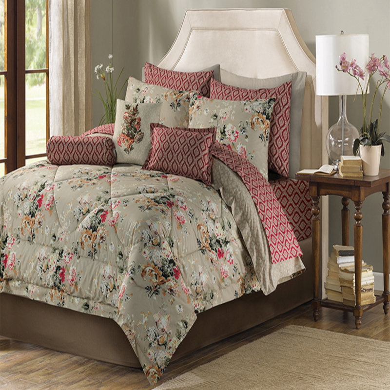 Cotton Satin Floral Comforter, King Comforter + 2 King Pillowcases + 2 Sheet