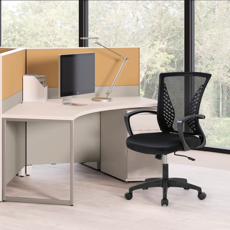Fauteuil de bureau ergonomique à hauteur réglable et pivotant avec accoudoir lombaire pour bureau personnel, Noir