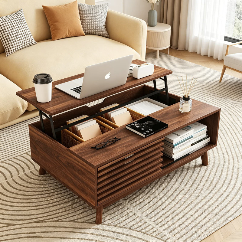 Lift Top Coffee Table with Storage, Mid Century Modern 35.4'' Walnut Coffee Table Sliding Barn Door, Hidden Compartment, Scratch-Resistant Surface, Brown