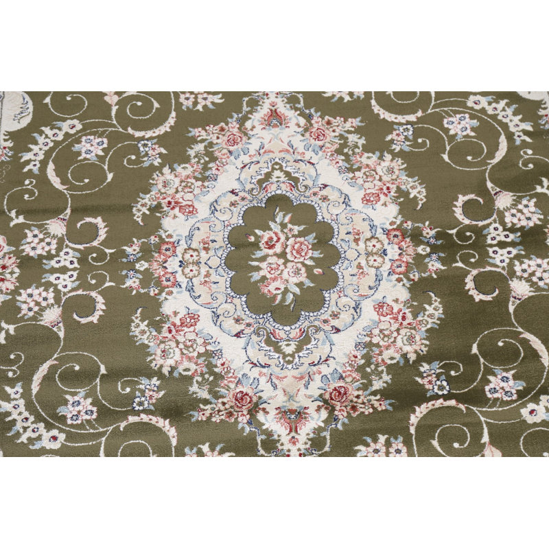 Tapis turc oriental vert à motif floral transitionnel 2X3, Carré 9 pi 10 po