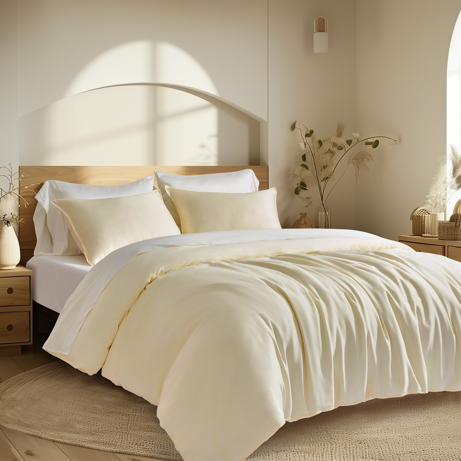 Tencel Lyocell Cooling Duvet Cover Set, Queen Duvet Cover + 2 Queen Shams, Cream White