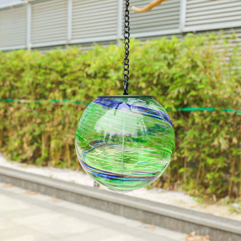 Solar Green Swirl Glass Globe Hanging Light – Led Outdoor Decor,hanging Orb With Metal Chain & Hook, Outdoor Gazing Ball, Patio/garden Tree Accent