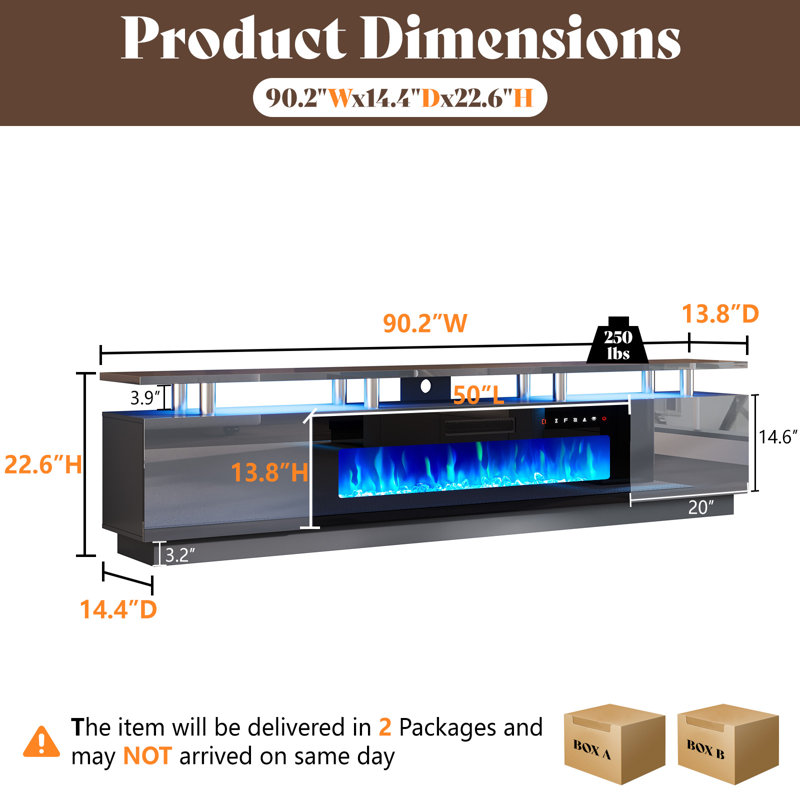Bhhatu 2 Tier High Gloss TV Stand with Electric Fireplace Included, Gray, 90"