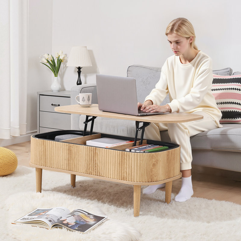Table basse 39,4 po à plateau relevable et bureau ovale à compartiments cachés Burlywood, Bois naturel