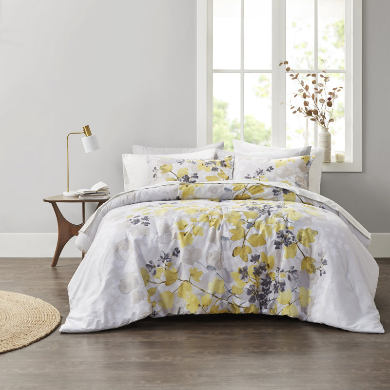 Alexis Yellow Floral 9-Piece Queen Comforter Set with Bed Sheets, Queen Comforter + 2 Shams + 1 Flat Sheet + 1 Fitte
