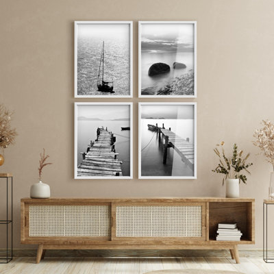 " Black And White Nautical Photography Sailboat Rocks Scenes Artwork Decor " 4 - Pieces