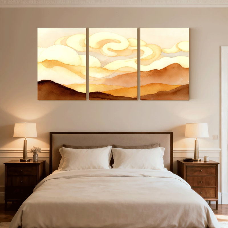 Abstrait paysage désertique avec nuages et lumière du soleil, ensemble de 3 reproductions d'art sur toile, H 30 po x l 60 po