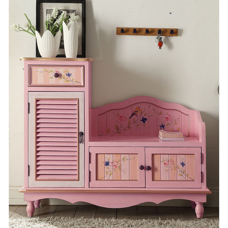 Banc de rangement à chaussures en bois massif Country Country, Rose