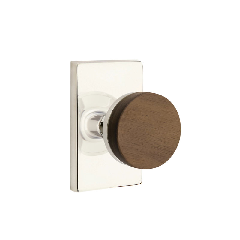 Ensemble de faux boutons Emtek Select avec rosette rectangulaire moderne et tige conique, bouton en noyer foncé, Nickel poli
