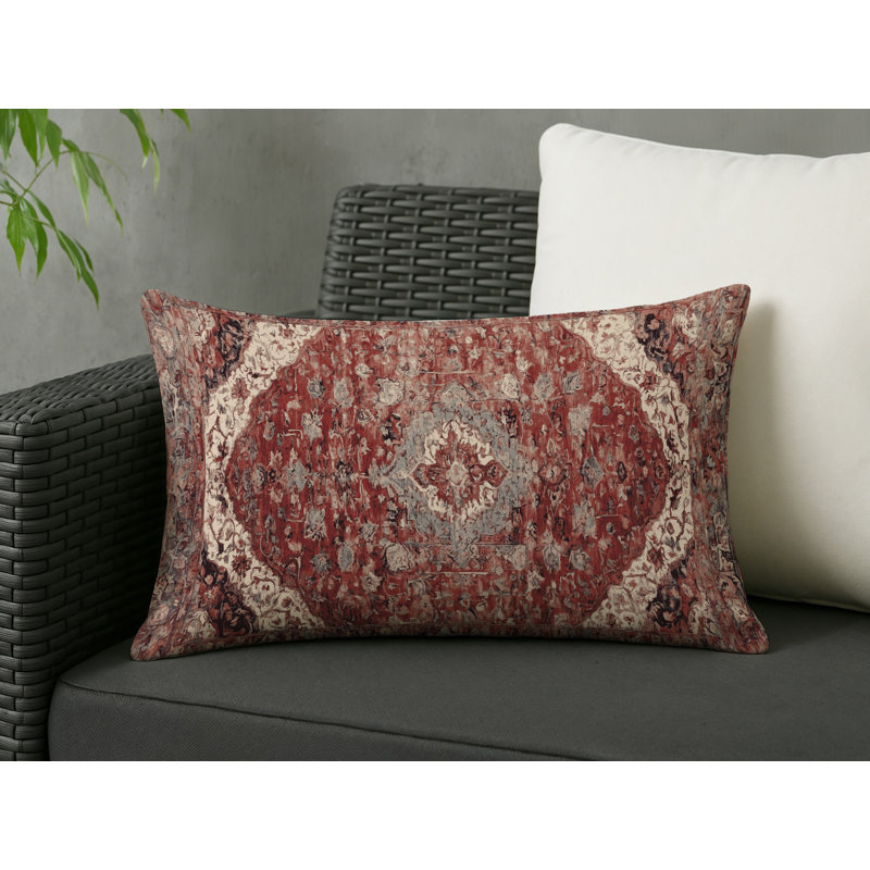Coussin décoratif intérieur et extérieur Modern, Bourgogne / gris / beige damassé, Rectangle H 20 po x l 14 po