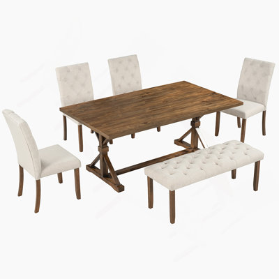 Ensemble de table de salle à manger 6 pièces avec table rectangulaire en bois et banc, idéal pour les réunions de famille et créer des expériences culinaires mémorables.