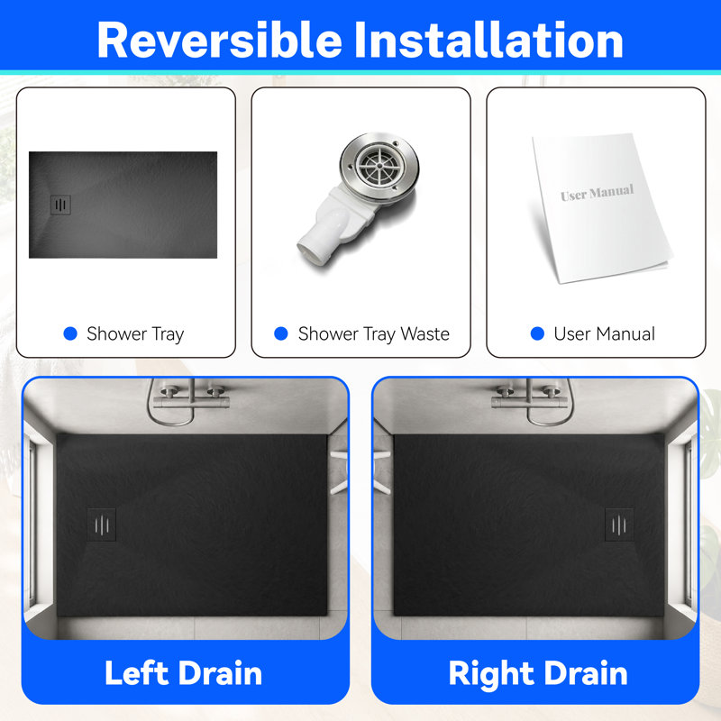 1600 x 900 mm White Shower Tray with Waste Drain,Anti-Slip,Walk-in Tray, 1800mm, Black