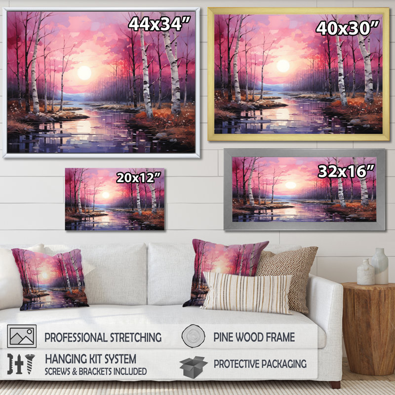 Birch Woods Pink Symphony III - Tree Birch Canvas Wall Art, H 16 po x l 32 po x P 1 po, Cadre photo argenté