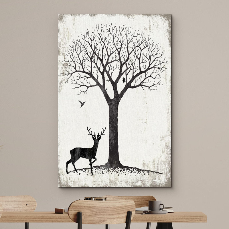 Paysage noir et blanc avec arbre, oiseaux et plantes à cerfs, art moderne rustique, Toile tendue, H 18 po x l 12 po