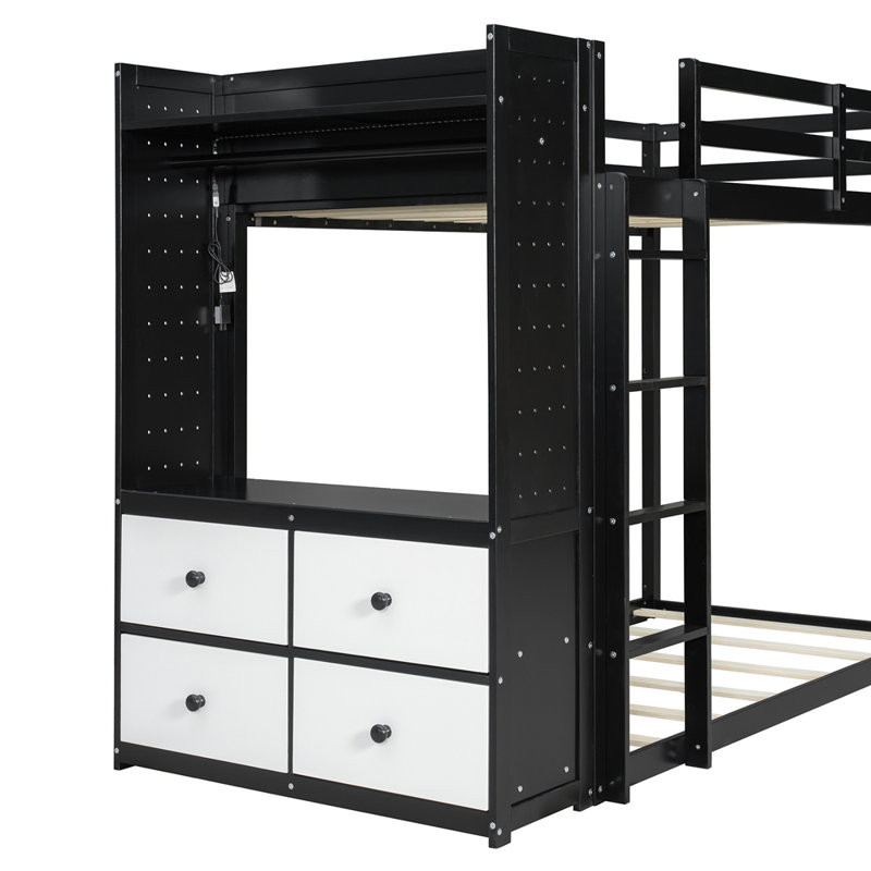 Lit superposé simple avec 4 tiroirs de rangement, rail suspendu, bande lumineuse et tablettes intégrées et 2 panneaux perforés, 3 couleurs disponibles
