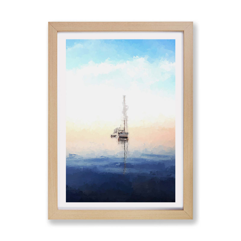 Lone Sailboat - Framed Print, 62cm H x 87cm W x 2cm D, Oak