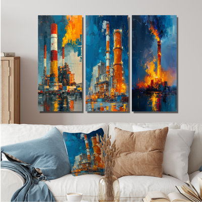 Orange et bleu Energy Power Plant I - Collection de grandes impressions sur toile industrielle bleue