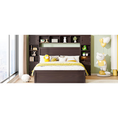 Queen Size Bed With Solid Wood Appeal - Integrated Cabinet, Shelf And Socket For A Cozy Rest Finish Storage Elements Ensemble