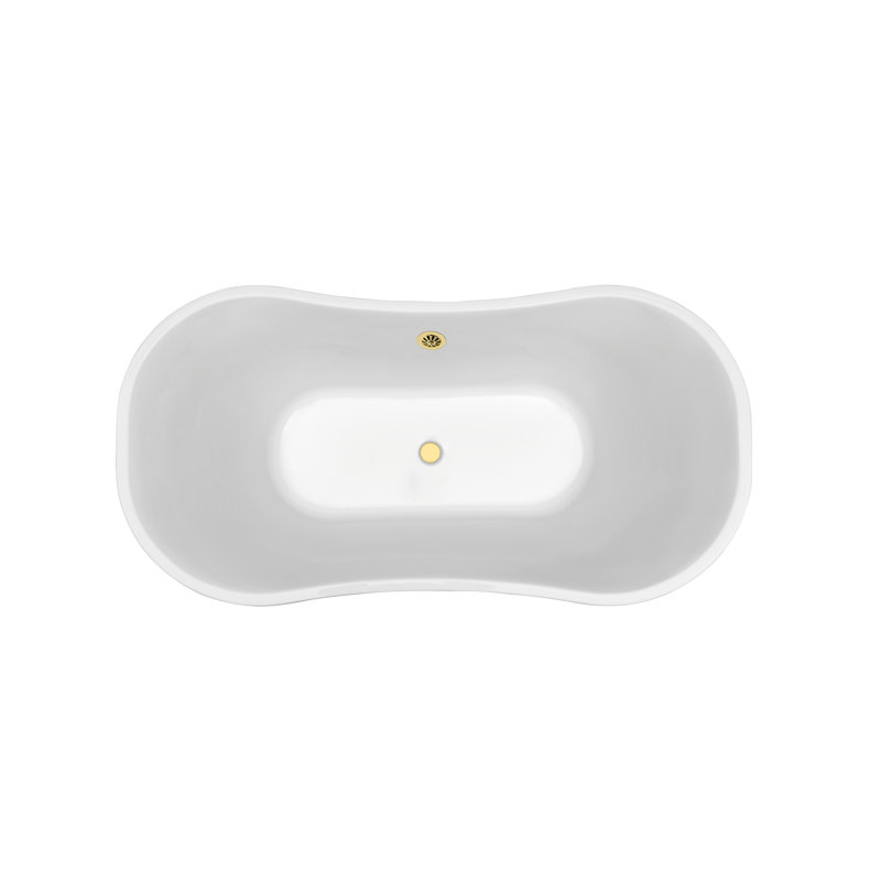 60" Streamline Freestanding Soaking Acrylic Bathtub With Drain and Bamboo Tray, Polished Gold
