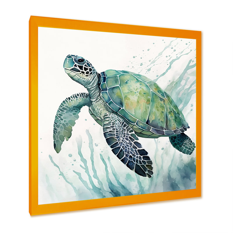 Aquarelle de tortue nageant IV - tortue, art mural, H 30 po x l 30 po x P 1 po, Impression dorée sur toile encadrée