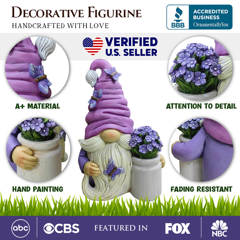 Lavender and White Resin Garden Gnome Statue with Flowers