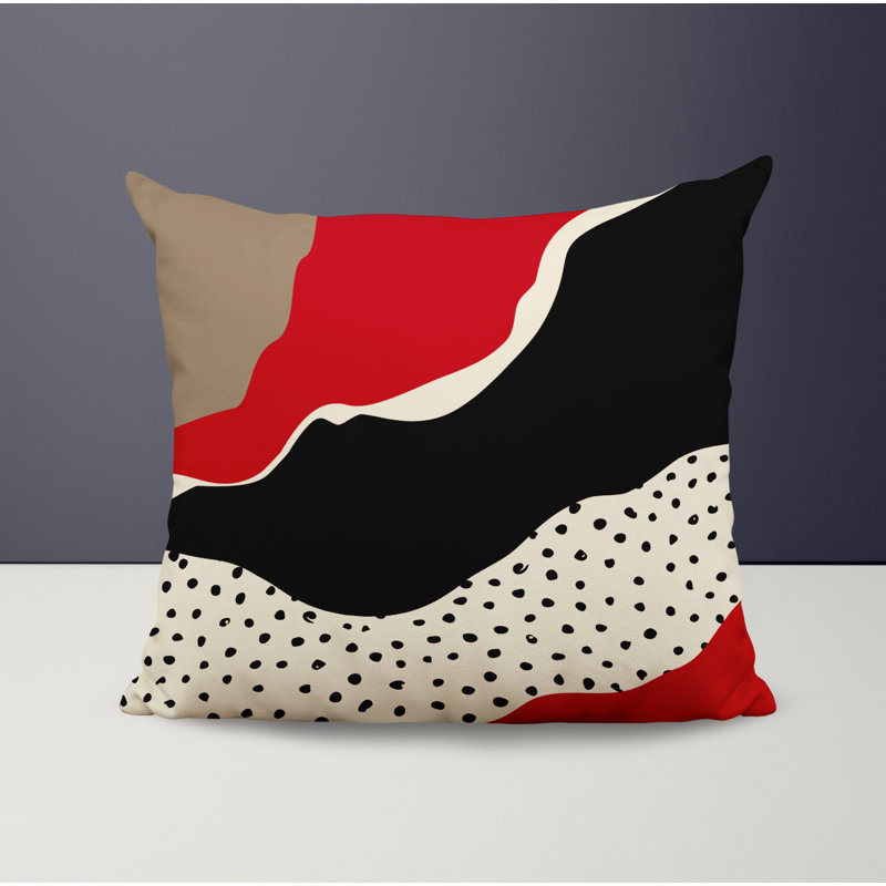 Coussin décoratif intérieur / extérieur en polyester filé Toni, 15 po x 15 po, Rouge / blanc cassé / beige / noir