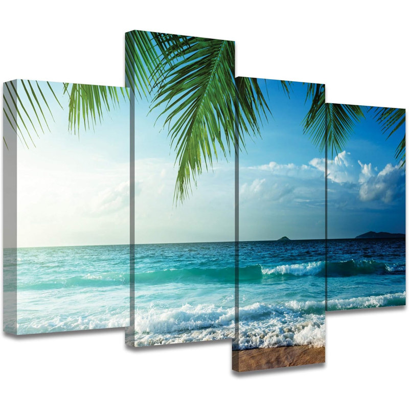 Seychelles Beach With Tropical Palm Tree Leaves Extra Summer Coastal Large 4 Pieces