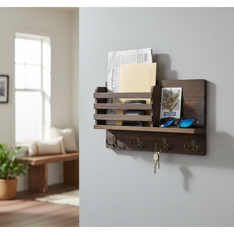Wood Wall Organizer with Key Hooks, Brown