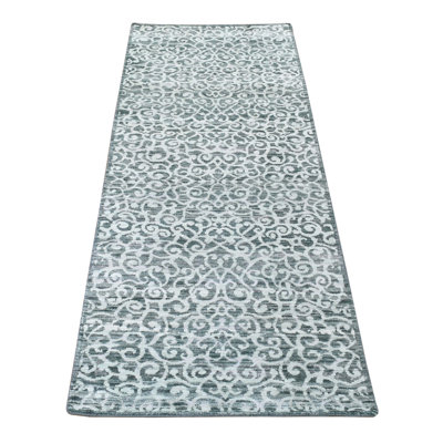 Tapis de couloir 2 pi 9 po x 8 po vert, motif damassé moderne en laine nouée à la main texturée et soie pure A9F11794252B4BAFBCD2C881AE51F943