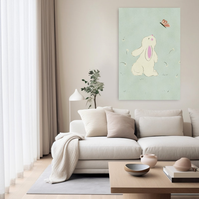 «Curious Bunny and Butterfly Delicate Peaceful Whimsical Butterfly Dandelion Rabbit Nature Spring», art mural