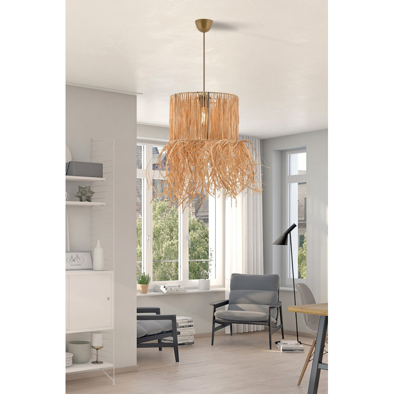 Élégant lustre en métal avec capuchon en raphia, 12,6 po x 12,6 po x 13,8 po | Câble réglable, certifié CE, douille E27 (40 W maximum) | Conception de couleur naturelle, parfaite pour le salon, la salle à manger et les entrées