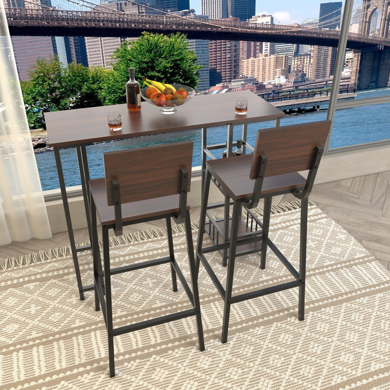 Ensemble de table de bar rectangulaire de 110 cm (43,3 pouces) avec 2 tabourets de bar et dossier, en MDF et métal. Table de bar avec 2 tablettes latérales de rangement. Style industriel, couleur noyer.