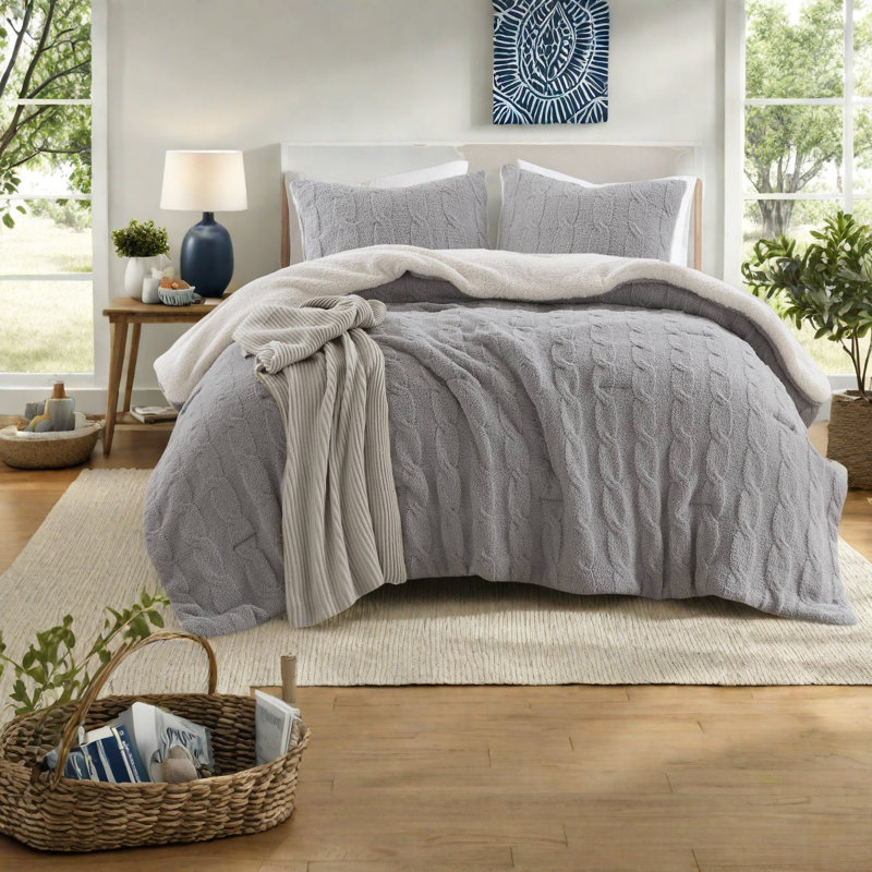 Ensembles de literie en chenille luxueux très grand / très grand californien, édredon gris en tricot doux avec envers en sherpa