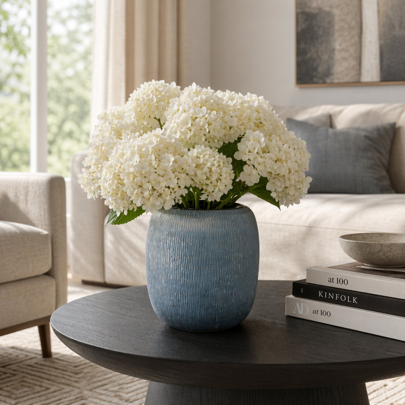 Decorative Round Glass Table Vase Home Tabletop Decor - Textured Tall Flower Vase Accent for Living Room or Bathroom Display - Blue