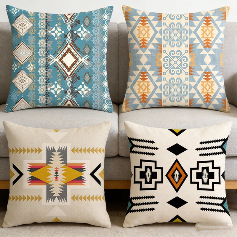 Ensemble de 4 housses de coussins décoratifs style bohémien de style marocain épaissis (18 x 18 pouces) (45 x 45 cm), B2