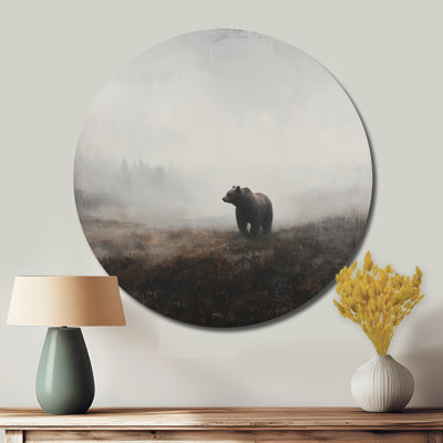 Bear In The Foggy Valley - Modern Brown Metal Art Print, Bear Round Metal Wall Decor
