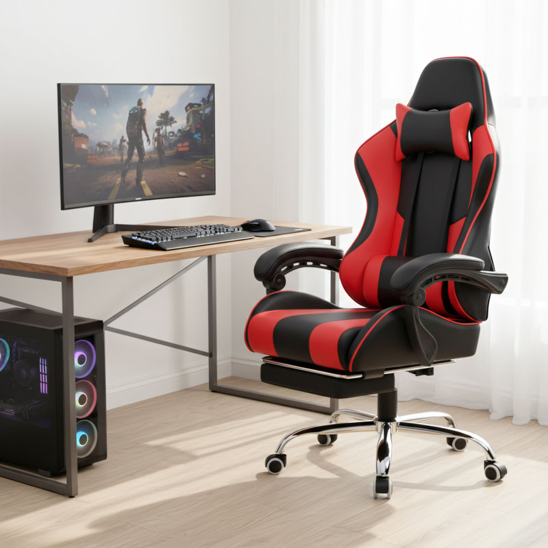 Red Faux Leather Convertible Chair, 360° Swivel, Height Adjustable, Complete With Headrest, Lumbar Support, And Footrest; Suitable For Both Gaming And Office Work.