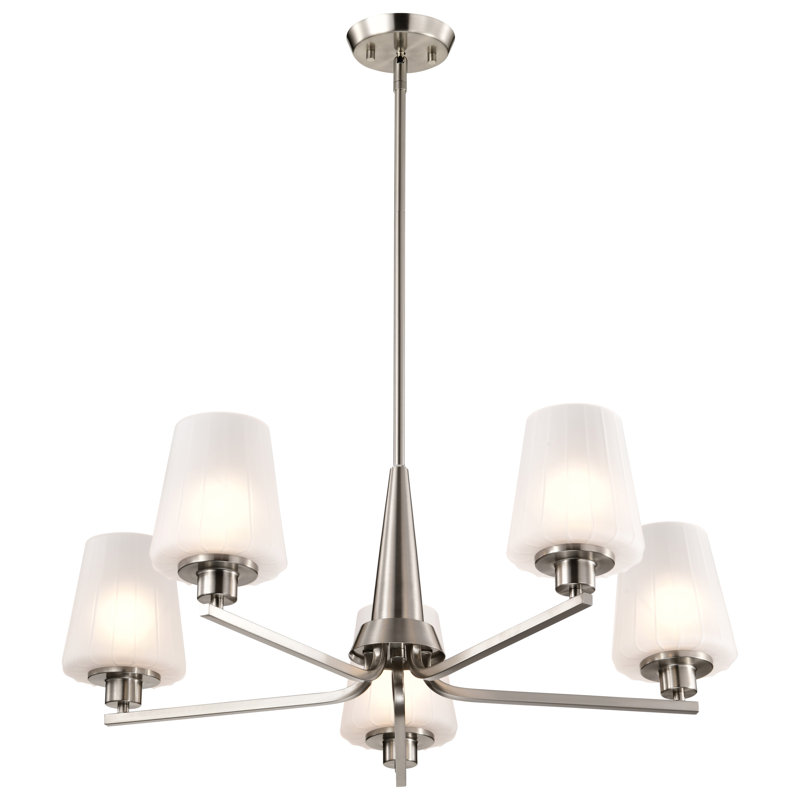 Lune - lustre - verre blanc gravé, 5 lumières, H 10,25 po x l 30 po x P 30 po, Nickel brossé