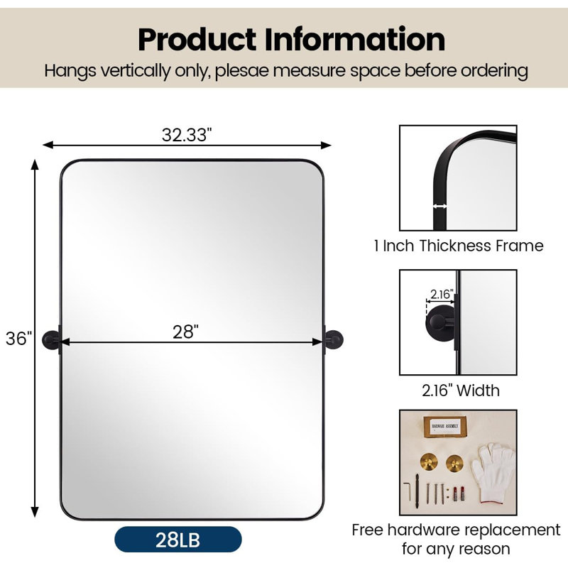 Miroir de salle de bain mural moderne inclinable | Cadre pivotant en acier inoxydable, Noir mat, 36 po x 28 po