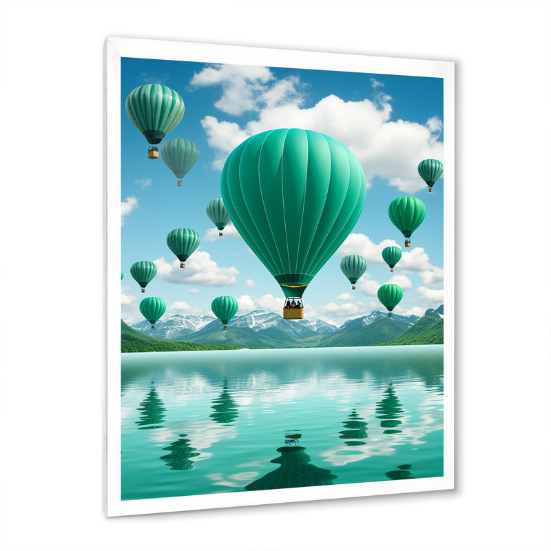«Lamarche Teal Hot Air Ballons Collage», reproduction sur toile, H 20 po x l 12 po x P 1 po, Cadre photo blanc