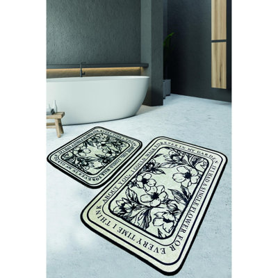 Premium Bathmat Set (2 Pieces), Cream & Black, 23.6 x 39.4 inches & 19.7 x 23.6 inches | 100% Polyester, 0.4 in Pile Height | Antibacterial, Non-Slip Underside, Machine Washable | Ideal for Bathroom Comfort & Style